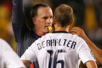 CARSON, CA - APRIL 11:  FIFA referee Tim Weyland books Gregg Berhalter #16 of the Los Angeles Galaxy with a red card for a reckless foul in the second half during the MLS match between Chivas USA and the Los Angeles Galaxy at The Home Depot Center on April 11, 2009 in Carson, California. Chivas USA and the Galaxy played to a 0-0 draw.  (Photo by Victor Decolongon/Getty Images)