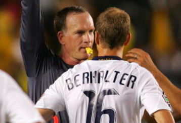 CARSON, CA - APRIL 11:  FIFA referee Tim Weyland books Gregg Berhalter #16 of the Los Angeles Galaxy with a red card for a reckless foul in the second half during the MLS match between Chivas USA and the Los Angeles Galaxy at The Home Depot Center on April 11, 2009 in Carson, California. Chivas USA and the Galaxy played to a 0-0 draw.  (Photo by Victor Decolongon/Getty Images)