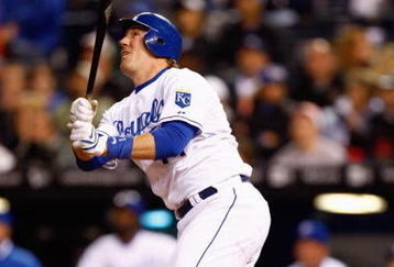 KANSAS CITY, MO - APRIL 10:  John Buck #14 of the Kansas City Royals bats against the New York Yankees on April 10, 2008 at Kauffman Stadium in Kansas City, Missouri. (Photo by G. Newman Lowrance/Getty Images)