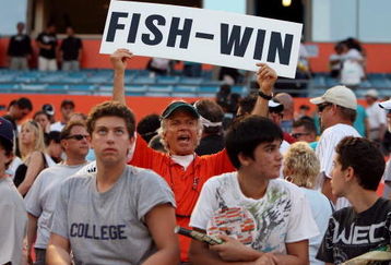 MIAMI - APRIL 06:  A Marlin fans shows his support after the Washington Nationals were defeated by the Florida Marlins on opening day at Dolphin Stadium on April 6, 2009 in Miami, Florida. The Marlins defeated the Nationals 12-5.  (Photo by Doug Benc/Getty Images)