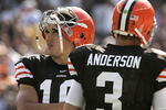 CLEVELAND - SEPTEMBER 16:  Brady Quinn #10 and Derek Anderson #3 of the Cleveland Browns look on during the NFL game against the Cincinnati Bengals at the Cleveland Browns Stadium on September 16, 2007 in Cleveland, Ohio. (Photo by Jeff Gross/Getty Images)