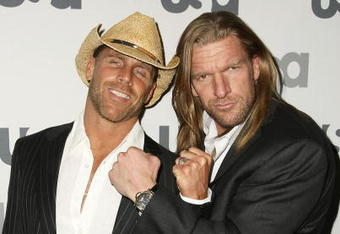 NEW YORK - MARCH 26: WWE wrestlers Shawn Michaels and Triple H attend the USA Network Upfront at The Modern on March 26, 2008 in New York City.  (Photo by Andrew Walker/Getty Images)