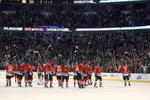 CHICAGO - APRIL 03:  The Chicago Blackhawks celebrate during the game against the Nashville Predators on April 3, 2009 at the United Center in Chicago, Illinois. (Photo by Jonathan Daniel/Getty Images)