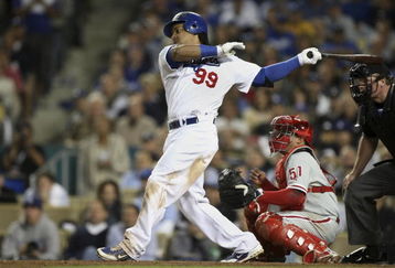 LOS ANGELES, CA - OCTOBER 13:  Manny Ramirez #99 of the Los Angeles Dodgers at bat against the Philadelphia Phillies in Game Four of the National League Championship Series during the 2008 MLB playoffs on October 13, 2008 at Dodger Stadium in Los Angeles, California.  (Photo by Jed Jacobsohn/Getty Images)