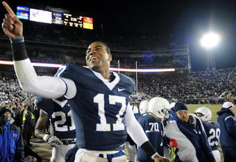 STATE COLLEGE, PA - NOVEMBER 22:  Darryl Clark #17 of the Penn State Nittany Lions celebrates after clinching the Big Ten title and a bid to the Rose Bowl after the game against the Michigan State Spartans on November 22, 2008 at Beaver Stadium in State College, Pennsylvania.(Photo by Joe Sargent/Getty Images)