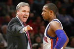 NEW YORK - FEBRUARY 17:  Head coach Mike D'Antoni coaches Chris Duhon #1 of the New York Knicks against the San Antonio Spurs at Madison Square Garden on February 17, 2009 in New York City. NOTE TO USER: User expressly acknowledges and agrees that, by downloading and/or using this Photograph, User is consenting to the terms and conditions of the Getty Images License Agreement.  (Photo by Chris McGrath/Getty Images)