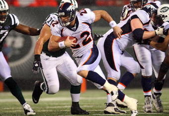 EAST RUTHERFORD, NJ - NOVEMBER 30:  Peyton Hillis #22 of the Denver Broncos runs the ball against the New York Jets on November 30, 2008 at Giants Stadium in East Rutherford, New Jersey.  (Photo by Jim McIsaac/Getty Images)