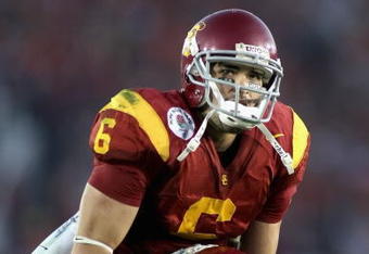 PASADENA, CA - JANUARY 01:  Quarterback Mark Sanchez #6 of the USC Trojans celebrates after scoring a touchdown during the 95th Rose Bowl Game presented by Citi against the Penn State Nittany Lions at the Rose Bowl on January 1, 2009 in Pasadena, California. The Trojans defeated the Nittany Lions 38-24.  (Photo by Christian Petersen/Getty Images)