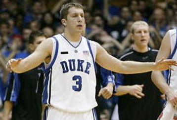 DURHAM - JANUARY 6:  Greg Paulus #3 and Taylor King #20 of the Duke Blue Devils look on during the college basketball game against the Cornell Big Red at Cameron Indoor Stadium on January 6, 2008 in Durham, North Carolina. (Photo by Kevin C. Cox/Getty Images)