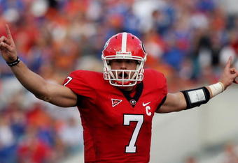 JACKSONVILLE, FL - NOVEMBER 01:  Quarterback Matthew Stafford #7 of the Georgia Bulldogs calls out a play at the line of scrimmage while taking on the Florida Gators at Jacksonville Municipal Stadium on November 1, 2008 in Jacksonville, Florida. Florida defeated Georgia 49-10.  (Photo by Doug Benc/Getty Images)