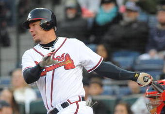 ATLANTA - APRIL 11: Infielder Chipper Jones #10 of the Atlanta Braves bats against the Washington Nationals on April 11, 2009 at Turner Field in Atlanta, Georgia.  (Photo by Al Messerschmidt/Getty Images) 