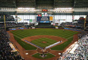 MILWAUKEE - APRIL 10: A general view of Miller Park during Opening Day ceremonies before a game between the Milwaukee Brewers and the Chicago Cubs on April 10, 2009 in Milwaukee, Wisconsin. (Photo by Jonathan Daniel/Getty Images)