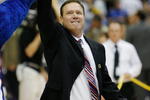 SAN ANTONIO - APRIL 07:  Head coach Bill Self of the Kansas Jayhawks reacts after the Jayhawks defeated the Memphis Tigers by a score of 75-68 in overtime during the 2008 NCAA Men's National Championship game at the Alamodome on April 7, 2008 in San Antonio, Texas.  (Photo by Streeter Lecka/Getty Images)