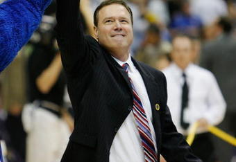 SAN ANTONIO - APRIL 07:  Head coach Bill Self of the Kansas Jayhawks reacts after the Jayhawks defeated the Memphis Tigers by a score of 75-68 in overtime during the 2008 NCAA Men's National Championship game at the Alamodome on April 7, 2008 in San Antonio, Texas.  (Photo by Streeter Lecka/Getty Images)