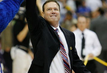 SAN ANTONIO - APRIL 07:  Head coach Bill Self of the Kansas Jayhawks reacts after the Jayhawks defeated the Memphis Tigers by a score of 75-68 in overtime during the 2008 NCAA Men's National Championship game at the Alamodome on April 7, 2008 in San Antonio, Texas.  (Photo by Streeter Lecka/Getty Images)
