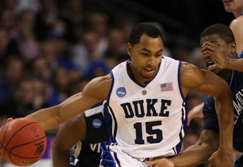 BOSTON - MARCH 26:  Gerald Henderson #15 of the Duke Blue Devils dribbles against the Villanova Wildcats during the NCAA Men's Basketball Tournament East Regionals at TD Banknorth Garden on March 26, 2009 in Boston, Massachusetts.  (Photo by Elsa/Getty Images)
