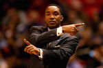 EAST RUTHERFORD, NJ - JANUARY 16:  Head coach Isiah Thomas of the New York Knicks directs play during the game against the New Jersey Nets on January 16, 2008 at the IZOD Center in East Rutherford, New Jersey.  The Knicks won 111-105.  NOTE TO USER: User expressly acknowledges and agrees that, by downloading and/or using this Photograph, user is consenting to the terms and conditions of the Getty Images License Agreement.  (Photo by Al Bello/Getty Images)