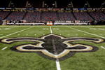 NEW ORLEANS - SEPTEMBER 25:  An interior view of the field showing the New Orleans Saints logo, a fleur-de-lis, in the newly refurbished Superdome prior to the Monday Night Football game between the Atlanta Falcons and the New Orleans Saints on September 25, 2006 at the Superdome in New Orleans, Louisiana.  Tonight's game marks the first time since Hurricane Katrina struck last August, that the Superdome, which served as a temporary shelter to thousands of stranded victims in the wake of Katrina, has played host to an NFL game.  (Photo by Ronald Martinez/Getty Images)