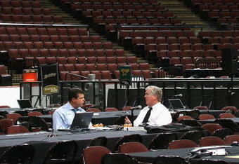 OTTAWA, ON - JUNE 20:  Anaheim Ducks general manager Brian Burke (R) talks with Dave Nonis before the 2008 NHL Entry Draft at Scotiabank Place on June 20, 2008 in Ottawa, Ontario, Canada.  (Photo by Bruce Bennett/Getty Images)