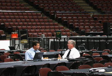OTTAWA, ON - JUNE 20:  Anaheim Ducks general manager Brian Burke (R) talks with Dave Nonis before the 2008 NHL Entry Draft at Scotiabank Place on June 20, 2008 in Ottawa, Ontario, Canada.  (Photo by Bruce Bennett/Getty Images)