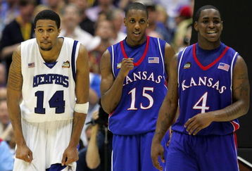 SAN ANTONIO - APRIL 07:  Mario Chalmers #15 of the Kansas Jayhawks reacts in overtime along with teammate Sherron Collins #4 as Chris Douglas-Roberts #14 of the Memphis Tigers looks on during the 2008 NCAA Men's National Championship game at the Alamodome on April 7, 2008 in San Antonio, Texas. The Jayhawks defeated the Tigers 75-68.  (Photo by Ronald Martinez/Getty Images)