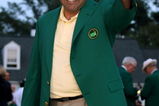 AUGUSTA, GA - APRIL 12:  Angel Cabrera of Argentina celebrates during the green jacket presentation after defeating Kenny Perry on the second sudden death playoff hole to win the 2009 Masters Tournament at Augusta National Golf Club on April 12, 2009 in Augusta, Georgia.  (Photo by David Cannon/Getty Images)