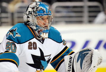 LOS ANGELES, CA - APRIL 11:  Evgeni Nabakov #20 goalkeeper of the San Jose Sharks sets up to defend against the Los Angeles Kings looks on on April 11, 2009 at the Staples Center in Los Angeles, California.  (Photo by Kevork Djansezian/Getty Images)