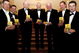LONDON - APRIL 6: (L-R) England Cricketers Ashley Giles, Andrew Strauss, Mike 'MJK' Smith (Wisden Cricketer of the year for 1960), Donald Carr of England (Wisden Cricketer of the year for 1960), Tom Graveney of England (Wisden Cricketer of the year for 1953), Robert Key and Steve Harmison of England all pose with a copy of the 2005 Wisden Almanac after it was announced that they are four of the five Cricketers of the Year (the other being Marcus Trescothick of England)on April 6, 2005 in London. It is the first time in 45 years that all five Cricketers of the Year are English. (Photo by Tom Shaw/Getty Images)