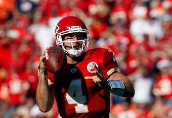 KANSAS CITY, MO - NOVEMBER 2:  Quarterback Tyler Thigpen #4 of the Kansas City Chiefs scrambles during the first half of the game against the Tampa Bay Buccaneers at Arrowhead Stadium November 2, 2008 in Kansas City, Missouri.  (Photo by Jamie Squire/Getty Images)