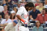 ATLANTA - APRIL 10: Outfielder Lastings Milledge #85 of Washington Nationals grimmaces after he is hit by an inside pitch against the Atlanta Braves April 10, 2009 in Atlanta, Georgia.  (Photo by Al Messerschmidt/Getty Images) 