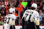 PHILADELPHIA - JANUARY 13:  Sidney Crosby #87 and Evgeni Malkin #71 of the Pittsburgh Penguins skate against the Philadelphia Flyers on January 13, 2009 at Wachovia Center in Philadelphia, Pennsylvania. The Penguins defeated the Flyers 4-2.  (Photo by Jim McIsaac/Getty Images)