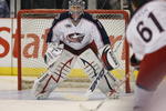 DETROIT, MI - MARCH 7:  Steve Mason #1 of the Columbus Blue Jackets faces a shot from teammate Rick Nash #61 in the warm-up prior to a game against the Detroit Red Wings on March 7, 2009 at Joe Louis Arena in Detroit, Michigan. (Photo by Claus Andersen/Getty Images)