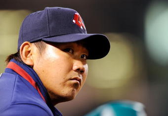 ANAHEIM, CA - APRIL 10: Pitcher Daisuke Matsuzaka of the Boston Red Sox follows the action against the Los Angeles Angels during the eight inning at Angel Stadium April 10, 2009 in Anaheim, California. Angels won, 6-3.  (Photo by Kevork Djansezian/Getty Images)