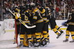 BOSTON - APRIL 19:  The Boston Bruins celebrate a win over the Montreal Canadiens during game six of the 2008 NHL Stanley Cup Playoffs Eastern Conference Quarterfinals series on April 19, 2008 at the TD Banknorth Garden in Boston, Massachusetts. The Bruins defeated the Montreal Canadiens 5-4. (Photo by Elsa/Getty Images)