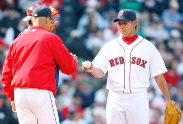 BOSTON - APRIL 9: Manager Terry Francona removes Daisuke Matsuzaka #18 of the Boston Red Sox against the Tampa Bay Rays at Fenway Park, April 9, 2009, in Boston, Massachusetts. (Photo by Jim Rogash/Getty Images)