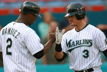 MIAMI - MAY 08:  Jorge Cantu #3 of the Florida Marlins is congratulated by Hanley Ramirez #2 after Cantu hit a two-run home run in the first inning against the Milwaukee Brewers at Dolphin Stadium on May 8, 2008 in Miami, Florida.  (Photo by Doug Benc/Getty Images)