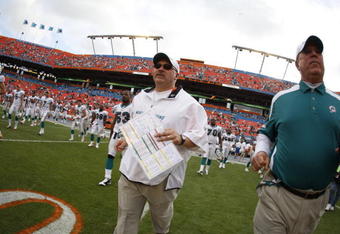 MIAMI - JANUARY 4:  Head coach Tony Sparano of the Miami Dolphins leaves the field following an AFC Wild Card playoff game against the Baltimore Ravens on January 4, 2009 at Dolphin Stadium in Miami, Florida. (Photo by Gregory Shamus/Getty Images)