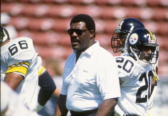 23 Sep 1990:  Pittsburgh Steelers coach (Mean) Joe Greene looks on during a game against the Los Angeles Raiders at  the Los Angeles Memorial Coliseum in Los Angeles, California.  The Raiders won the game, 20-3. Mandatory Credit: Ken Levine  /Allsport