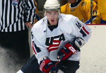 LAKE PLACID, NY - AUGUST 08: Jimmy Hayes #16 of Team USA skates against Team Sweden at the USA Hockey National Junior Evaluation Camp on August 8, 2008 at the Olympic Center in Lake Placid, New York.  (Photo by Bruce Bennett/Getty Images)