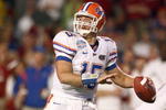 MIAMI - JANUARY 08:  Tim Tebow #15 of the Florida Gators looks to pass the ball during the FedEx BCS National Championship Game against the Oklahoma Sooners at Dolphin Stadium on January 8, 2009 in Miami, Florida.  (Photo by Donald Miralle/Getty Images)