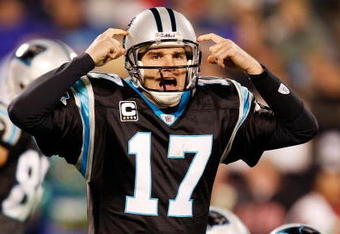 CHARLOTTE, NC - JANUARY 10:  Quarterback Jake Delhomme #17 of the Carolina Panthers reacts during the game against the Arizona Cardinals during the NFC Divisional Playoff Game on January 10, 2009 at Bank of America Stadium in Charlotte, North Carolina.  (Photo by Streeter Lecka/Getty Images)