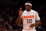 NEW YORK - MARCH 13:  Jonny Flynn#10 of the Syracuse Orange smiles during a game against the West Virginia Mountaineers during the semifinal round of the Big East Tournament at Madison Square Garden on March 13, 2009 in New York City.  (Photo by Jim McIsaac/Getty Images)