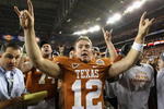 GLENDALE, AZ - JANUARY 05:  Quarterback Colt McCoy #12 of the Texas Longhorns celebrates after defeating the Ohio State Buckeyes in the Tostitos Fiesta Bowl Game on January 5, 2009 at University of Phoenix Stadium in Glendale, Arizona. The Longhorns defeated the Buckeyes 24-21  (Photo by Jed Jacobsohn/Getty Images)