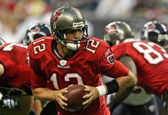 HOUSTON - AUGUST 28:  Quarterback  Luke McCown #12 drops back in the pocket against the Houston Texans Aug. 28, 2008 at Reliant Stadium in Houston, Texas.  (Photo by Bob Levey/Getty Images)