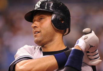ST. PETERSBURG, FL - APRIL 13: Shortstop Derek Jeter #2 of the New York Yankees sets to bat against the Tampa Bay Rays April 13, 2009 in St. Petersburg, Florida.  (Photo by Al Messerschmidt/Getty Images)
