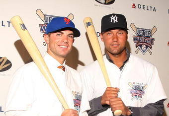 NEW YORK - APRIL 03:  David Wright of the New York Mets and Derek Jeter of the New York Yankees attend Delta's Jeter/Wright batting challenge at the Stone Rose Lounge on April 3, 2009 in New York City.  (Photo by Stephen Lovekin/Getty Images)