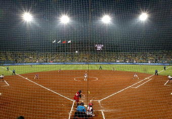 BEIJING - AUGUST 21:  A general view of action during the women's gold medal game between the United States and Japan at the Fengtai Softball Field during Day 13 of the Beijing 2008 Olympic Games on August 21, 2008 in Beijing, China.  (Photo by Jonathan Ferrey/Getty Images)