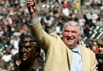 OAKLAND, CA - OCTOBER 22:  Former Head Coach John Madden of the Oakland Raiders is presented with his Hall of Fame Ring during a ceremony to honor his recent induction into the Pro Football Hall of Fame before the game against the Arizona Cardinals on October 22, 2006 at McAfee Coliseum in Oakland, California.  (Photo by Jonathan Ferrey/Getty Images)