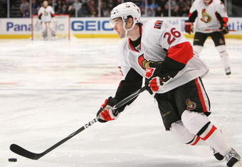 NEW YORK - MARCH 22:  Ryan Shannon #26 of the Ottawa Senators skates with the puck against the New York Rangers on March 22, 2009 at Madison Square Garden in New York City, New York.  (Photo by Nick Laham/Getty Images)