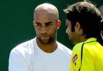 INDIAN WELLS, CA - MARCH 16: James Blake congratulates Fernando Gonzalez of Chile after their match during the BNP Paribas Open at the Indian Wells Tennis Garden March 16, 2009 in Indian Wells, California.  (Photo by Matthew Stockman/Getty Images)
